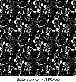 Floral vintage vector seamless pattern. Black background wallpaper with white hand drawn line art tracery flowers, swirl leaves and damask antique decorative ornaments. Elegance isolated texture