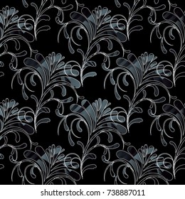 Floral vintage vector seamless pattern. Dark black background with hand drawn flowers, swirl curve leaves and line art ornaments. Flourish illustration. Flowery wallpaper. Design for print, fabric