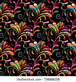 Vintage-Vektorillustration mit floralem Muster. Schwarzer Hintergrund mit bunten, handgezeichnet gezogenen Blumen, wirbeln Blättern und Linien-Kunstschmuck. Blühende Illustration. Blumengemälde. Design für Druck, Gewebe