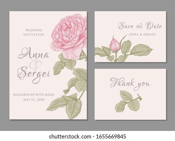 Floral vintage wedding invitation. Background with roses. Romantic and gentle colors. Vector illustration.  