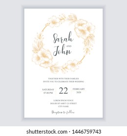 Floral vintage wedding invitation card template with golden tropical hibiscus flower bouquet