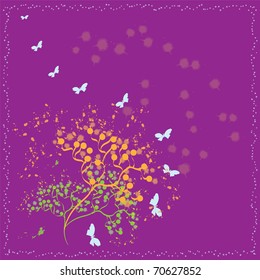 Floral violet background with butterflies and splash