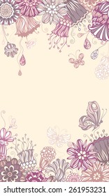 Floral violet background. Ornate floral pattern and butterflies. There is place for your text in the center. 