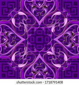 Floral violet Paisley 3d vector seamless pattern. Surface ornamental geometric background. Vintage repeat floral backdrop. Greek key meanders. Tribal ethnic style purple ornaments. Paisley flowers.