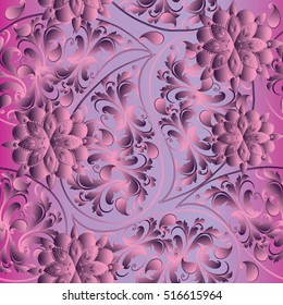  Floral violet paisleys vector seamless pattern background wallpaper with volumetric decorative vintage 3d  paisley flowers and ornaments. Modern  decor elements with shadows and highlights.