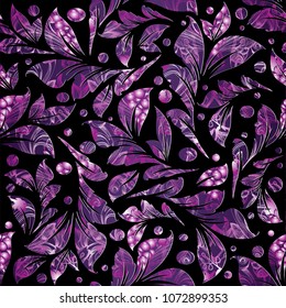 Floral  violet seamless pattern. Luxury patterned leafy vector black background. Vintage textured ornaments. Polka dots, ornamental leaves. Abstract modern design for wallpapers, fabric, printing