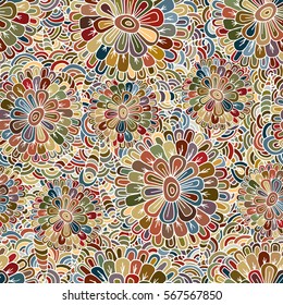 Floral vivid abstract wave ornament, hand drawn vector background made of simple doodles. Zen tangle pattern, tangled texture boho style for clothes, pillow, bandanna. Fabric seamless print, backdrop