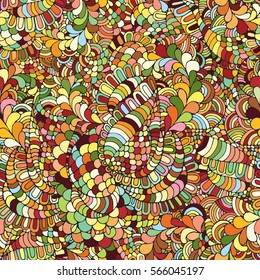 Floral vivid abstract wave ornaments, hand drawn vector illustration made of simple doodles. Zen tangle pattern, tangled texture boho style for clothes, pillow, bandanna. Fabric seamless print