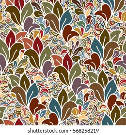 Floral vivid abstract wave ornaments, hand drawn vector background made of simple doodles. Zen tangle pattern, tangled texture boho style for clothes, pillow, bandanna. Fabric seamless print, backdrop
