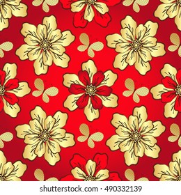 Floral vivid red seamless pattern with vintage golden flowers and butterflies, vector