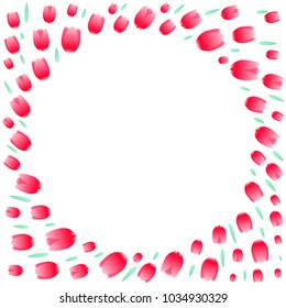 Floral vortex. Turning frame of the red tulips and green herbs. Vector template with a flower border. Empty card with a round space for romantic greetings, wedding gifts or promotion of spring sales.