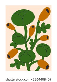 Arte de pared floral, afiche interior. Flores florecientes, tallos, hojas naipes. Pintura contemporánea enmarcada, dibujo de la naturaleza, imagen de la planta, cartel de moda. Ilustración moderna del vector plano botánico