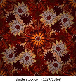 Floral wall art painting for home. Orange, red and brown spring flowers. Floral seamless pattern. Greeting card. Vector abstract flowers. Wedding invitation template.