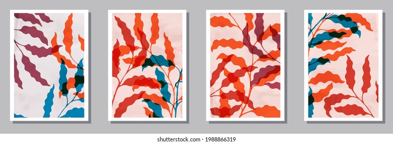 Floral wall art posters collection. Summer branches with foliage. Willow tree branches abstract botanical backgrounds. Eucalyptus plant frames. Leaves vector illustration. vector design..