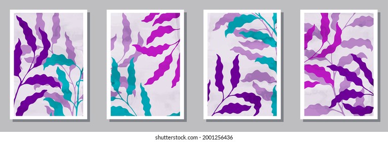 Floral wall art posters set. Summer branches with leaves. Eucalyptus leaves minimal botanical backgrounds. Willow nature templates. Leaves vector illustration. vector design..