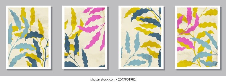 Floral wall art prints collection. Summer branches with foliage. Summer twigs organic botanical backgrounds. Willow nature covers. Foliage vector illustration. vector design..