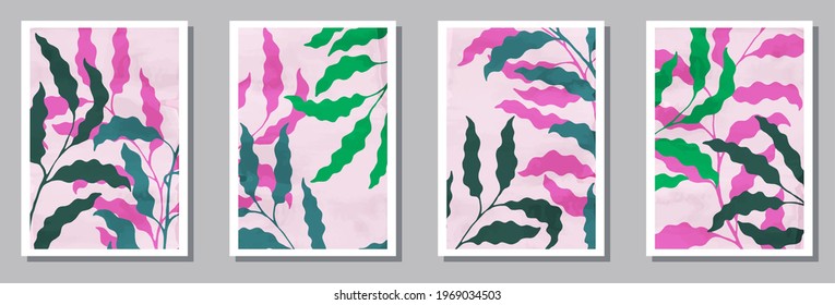 Floral wall art prints set. Spring twigs with leaves. Summer twigs abstract botanical design.. Willow nature frames. Branches vector illustration. vector design..