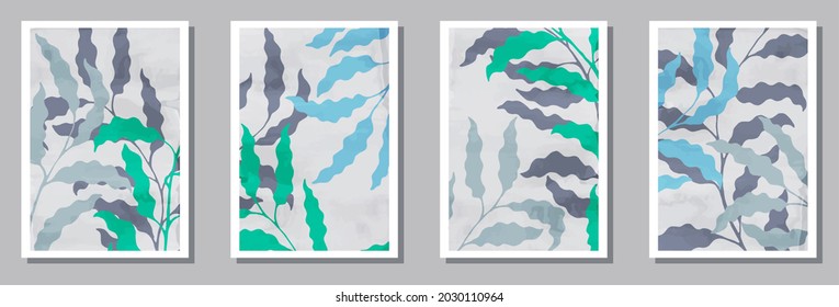 Floral wall art prints set. Spring branches with foliage. Summer twigs organic botanical backgrounds. Willow plant covers. Twigs vector illustration. vector design..