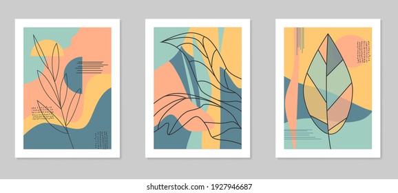Floral wall art set. Botanical line art with abstract shapes.Vector modern illustration in a minimalistic style.