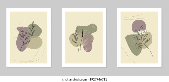 Floral wall art set. Botanical line art with abstract shapes.Vector illustration in a minimalistic style.