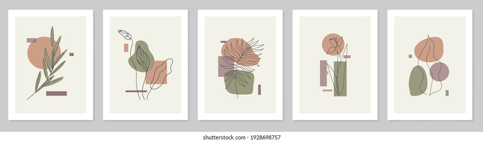 Floral wall art set. Botanical line art with abstract shapes.Vector illustration in a minimalistic style.