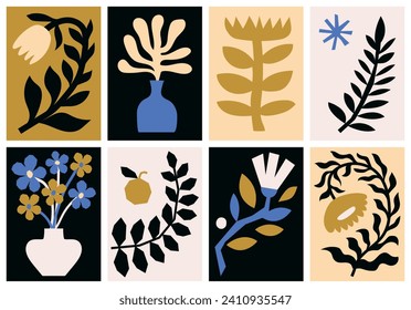 Floral wall art set. Cut out naive abstract flowers. Modern interior posters. Trendy botanical cards in contemporary style, wild and whimsical plants. Colorful flat vector illustrations.