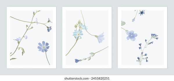 Floral wall art set, minimalist assorted blue wildflowers on grey background