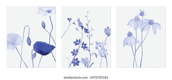 Blumenwand-Kunst-Set, minimalistische sortierte blaue Wildblumen auf grauem Hintergrund