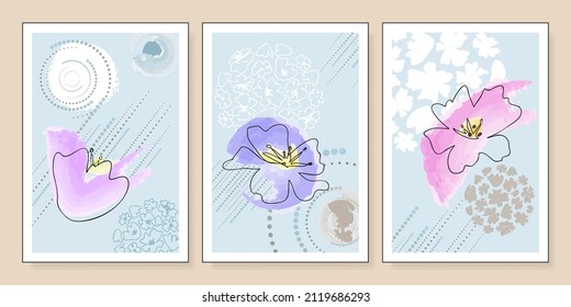 Floral  wall art vector. Abstract botanical set with lilac, purple and pink watercolor flower and abstract circles on blue background. Design for wall prints, posters, covers or home decor.