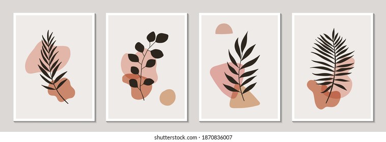 Floral wall art vector set. Plant branches and abstract shapes. Modern design, poster or postcard template. Botanical design. Vector illustration.