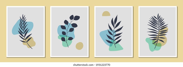 Conjunto de vectores de arte de pared floral. Ramas vegetales y formas abstractas. Diseño moderno, afiche o plantilla de postal. Diseño botánico. Ilustración vectorial.