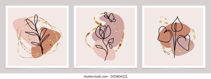 Floral Wall Art Vector Set. Earth Tone Boho Foliage Line Art With Organic Shapes. Trendy Minimalist Wall Art, For Print, Or Social Media