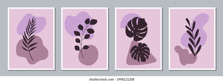 Floral wall art vector set. Plant branches and abstract shapes. Modern design, poster or postcard template. Botanical design. Vector illustration.