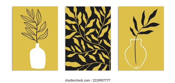 Floral wall art vector set. Plant branches and abstract shapes. Modern design, poster or postcard template. Botanical design. Vector illustration.