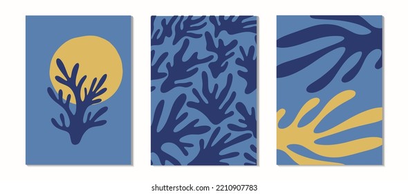 Floral wall art vector set. Plant branches and abstract shapes. Modern design, poster or postcard template. Botanical design. Vector illustration.