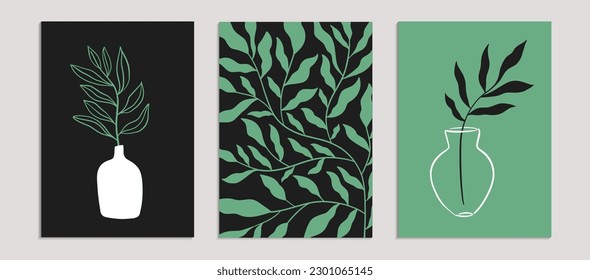 Conjunto de vectores de arte de pared floral. Ramas vegetales y formas abstractas. Diseño moderno, afiche o plantilla de postal. Diseño botánico. Ilustración vectorial.