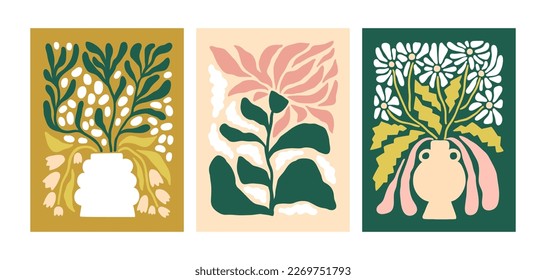 Artes florales en las paredes. Flores de campo de primavera abstractas, afiches interiores modernos. Tarjetas botánicas de moda de estilo contemporáneo, plantas de floración salvajes y caprichosas en jarrón. Ilustraciones de vectores planos de color