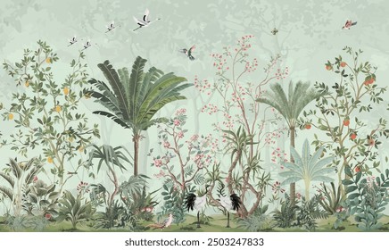 Floral Wall Mural, Tropical Plant with flower mural design, birds, Watercolor background.