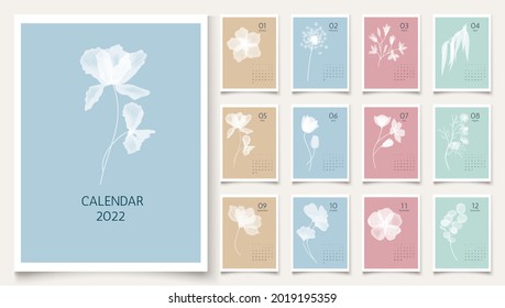 Calendario vertical de pared floral para 2022, la semana comienza el lunes. Calendario de formato de plantilla A4 de 12 meses con flores transparentes blancas, hierbas praderas, plantas. Afiches botánicos. Ilustración del vector