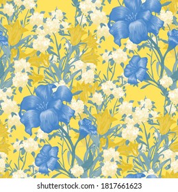 Floral Wallpaper with Big Flowers. Seamless Pattern with Fuchsia, Bluebell and May-lily for Skirt Dress Textile. Trendy Pattern. Vector Seamless Flowers. Colorful Rapport.
