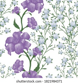 Floral Wallpaper with Big Flowers. Seamless Pattern with Fuchsia, Bluebell and May-lily for Swimwear Skirt Cloth. Modern Pattern. Vector Seamless Flowers. Colorful Rapport.