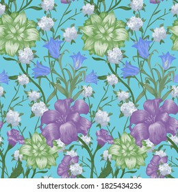 Floral Wallpaper with Big Flowers. Seamless Pattern with Fuchsia, Bluebell and May-lily for Cloth Curtains Shirt. Modern Pattern. Vector Seamless Flowers. Colorful Rapport.