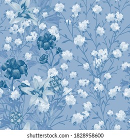 Floral Wallpaper with Big Flowers. Seamless Pattern with Lily, Bluebell and May-lily for Shirt Print Wallpaper. Colorful Rapport. Vector Seamless Flowers. Vintage Pattern.