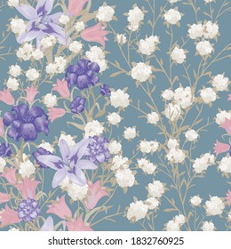 Floral Wallpaper with Big Flowers. Seamless Pattern with Lily, Bluebell and May-lily for Curtains Tablecloth Skirt. Colorful Rapport. Modern Pattern. Vector Seamless Flowers.