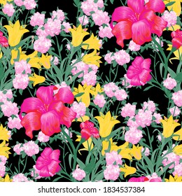 Floral Wallpaper with Big Flowers. Seamless Pattern with Fuchsia, Bluebell and May-lily for Linen Cloth Tablecloth. Vector Seamless Flowers. Colorful Rapport. Modern Pattern.