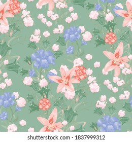 Floral Wallpaper with Big Flowers. Seamless Pattern with Lily, Bluebell and May-lily for Wallpaper Swimwear Cloth. Vector Seamless Flowers. Colorful Rapport. Trendy Pattern.