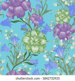 Floral Wallpaper with Big Flowers. Seamless Pattern with Fuchsia, Bluebell and May-lily for Textile Linen Dress. Colorful Rapport. Trendy Pattern. Vector Seamless Flowers.