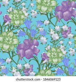 Floral Wallpaper with Big Flowers. Seamless Pattern with Fuchsia, Bluebell and May-lily for Skirt Cloth Print. Colorful Rapport. Vector Seamless Flowers. Modern Pattern.
