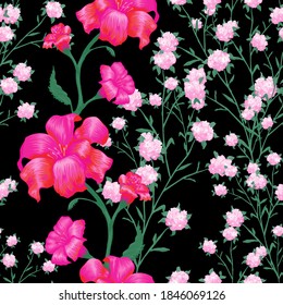 Floral Wallpaper with Big Flowers. Seamless Pattern with Fuchsia, Bluebell and May-lily for Wallpaper Textile Print. Vector Seamless Flowers. Colorful Rapport. Modern Pattern.
