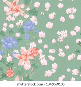 Floral Wallpaper with Big Flowers. Seamless Pattern with Lily, Bluebell and May-lily for Skirt Swimwear Shirt. Vector Seamless Flowers. Colorful Rapport. Modern Pattern.